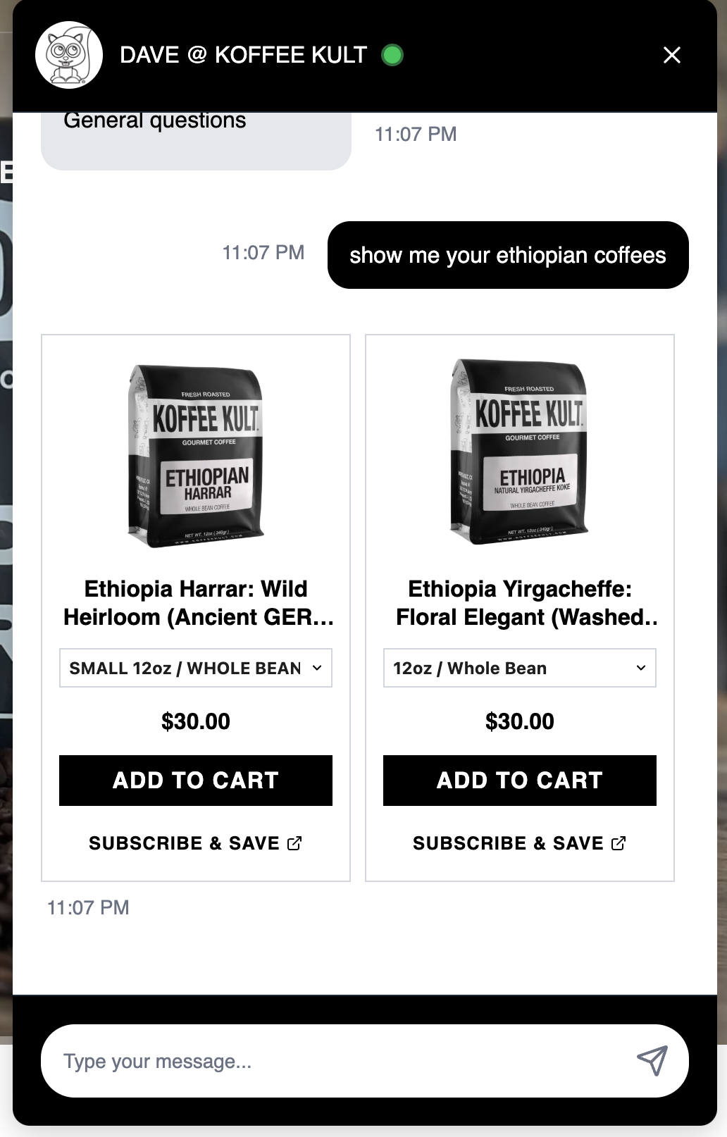 Product cards surfaced inline with add-to-cart and subscribe options
